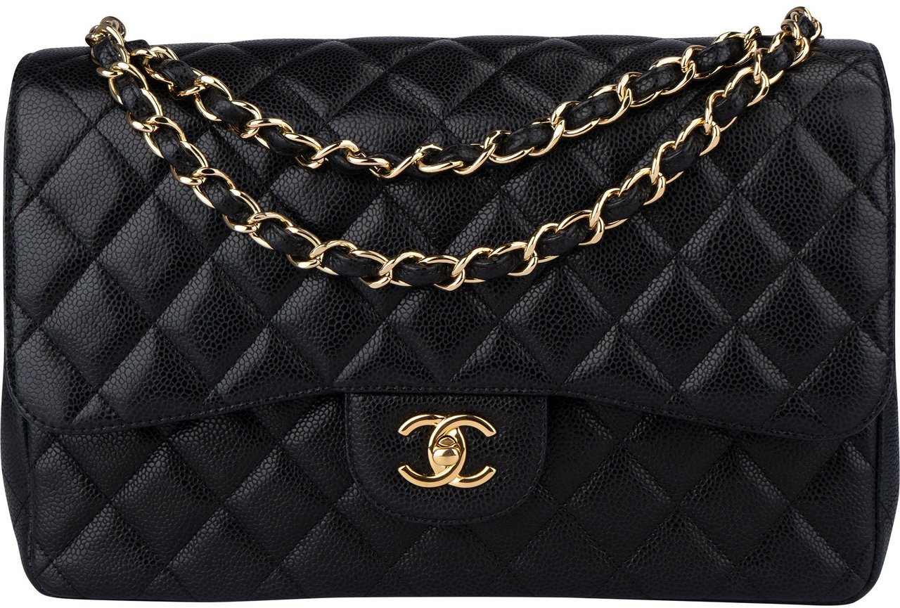 Chanel Chanel Quilted Caviar Leather Jumbo Double Flap Crossbody Bag Zwart
