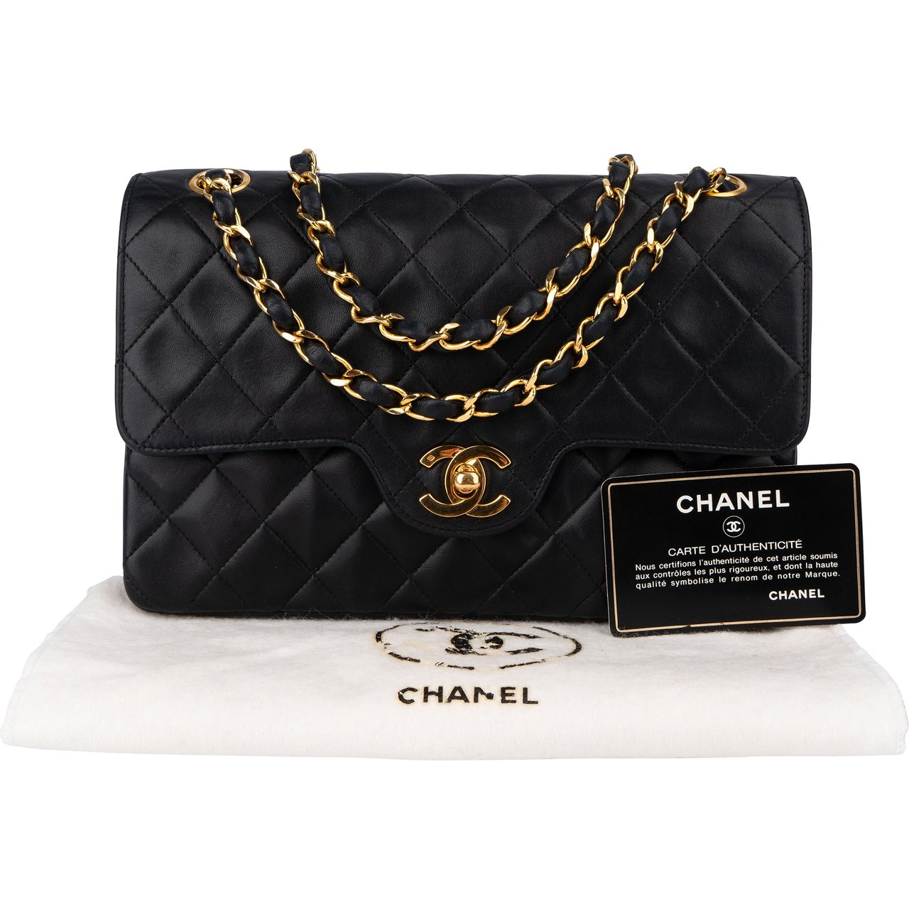 Chanel Chanel Quilted Lambskin 24K Gold Small Double Flap Crossbody Bag Zwart