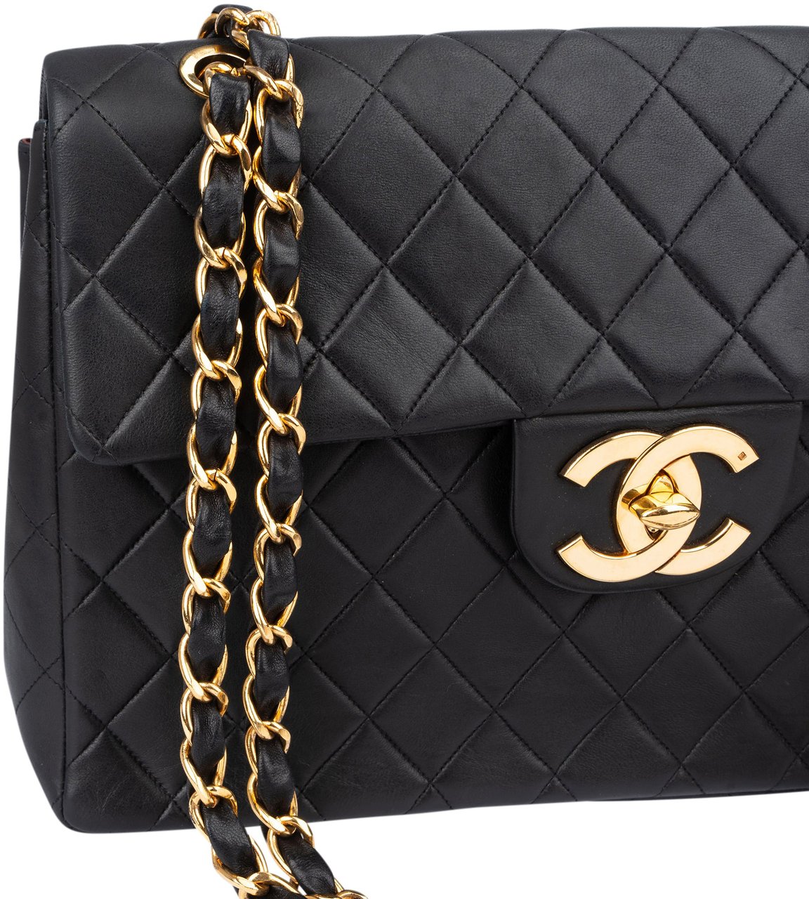 Chanel Chanel Quilted Lambskin 24K Gold Jumbo Single Flap Crossbody Bag Zwart