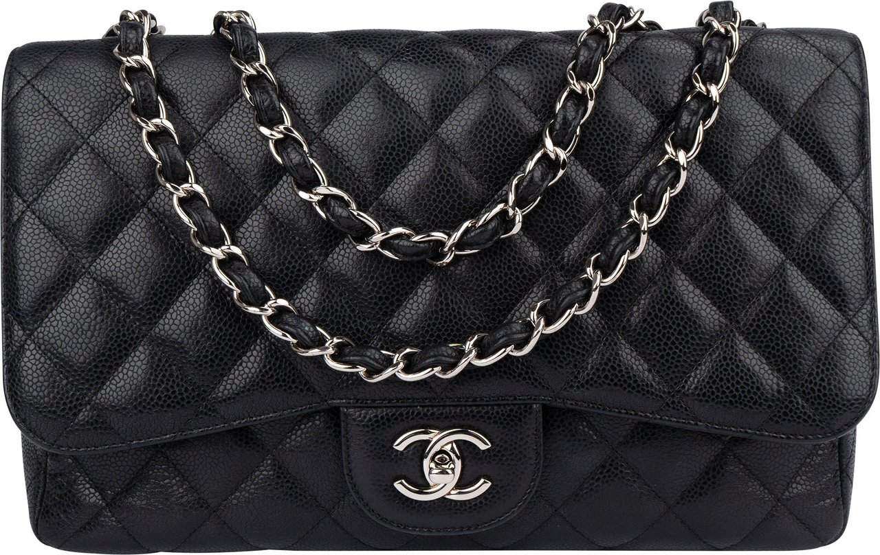 Chanel Chanel Quilted Caviar Leather Palladium Hardware Jumbo Single Flap Crossbody Bag Zwart