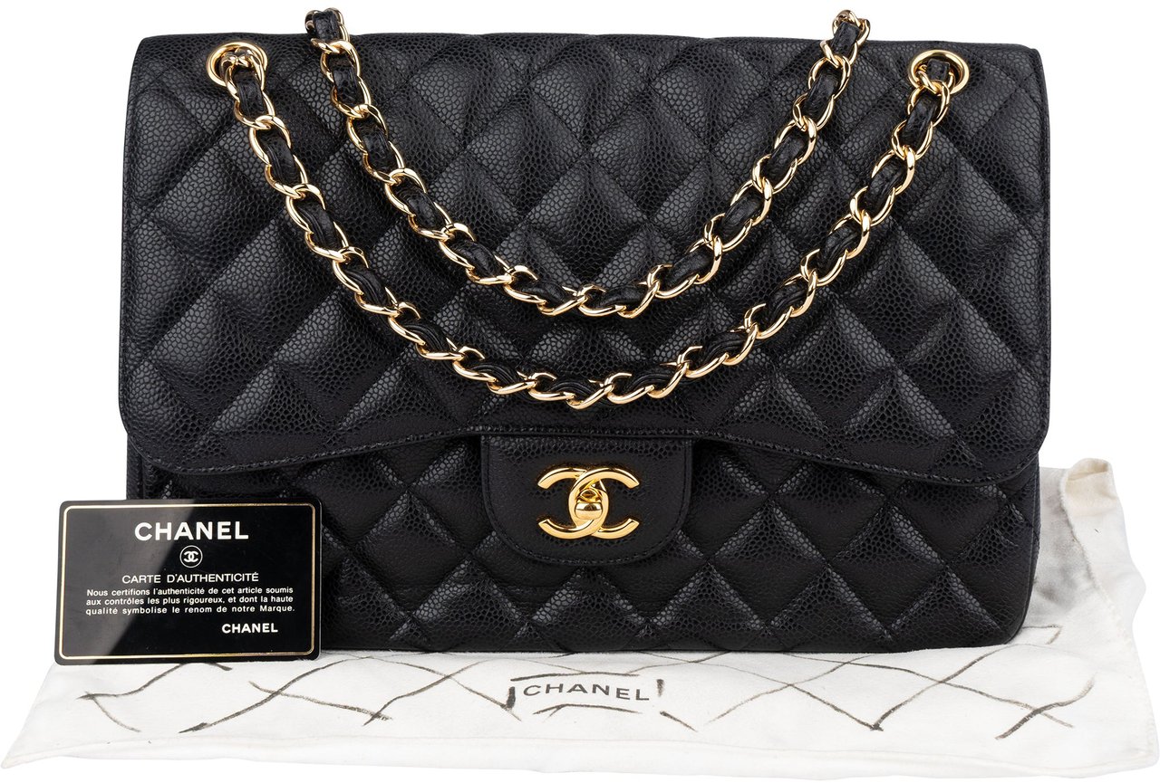 Chanel Chanel Quilted Caviar Leather Jumbo Double Flap Crossbody Bag Zwart