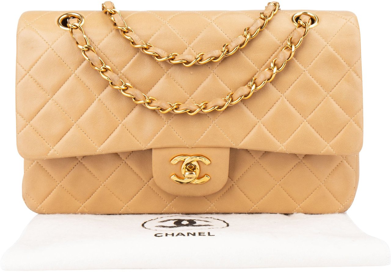 Chanel Chanel Quilted Lambskin 24K Gold Medium Double Flap Crossbody Bag Beige
