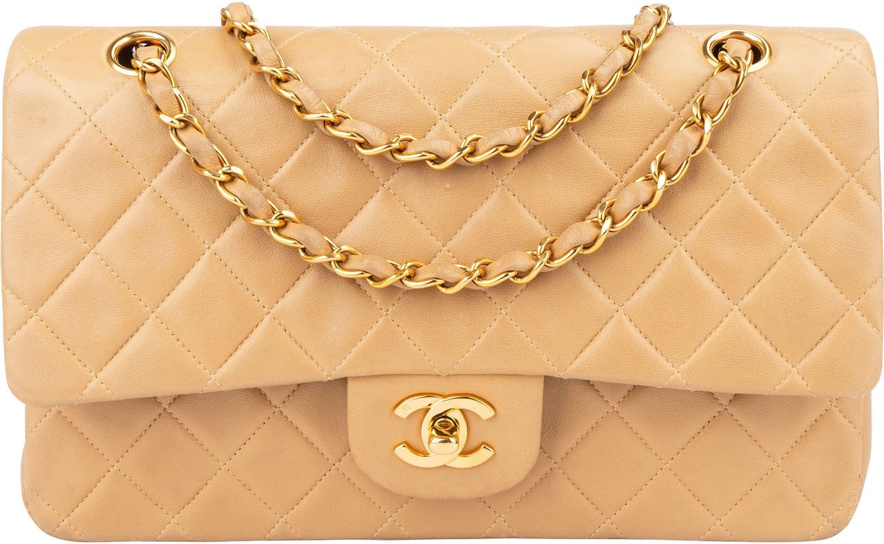Chanel Chanel Quilted Lambskin 24K Gold Medium Double Flap Crossbody Bag Beige