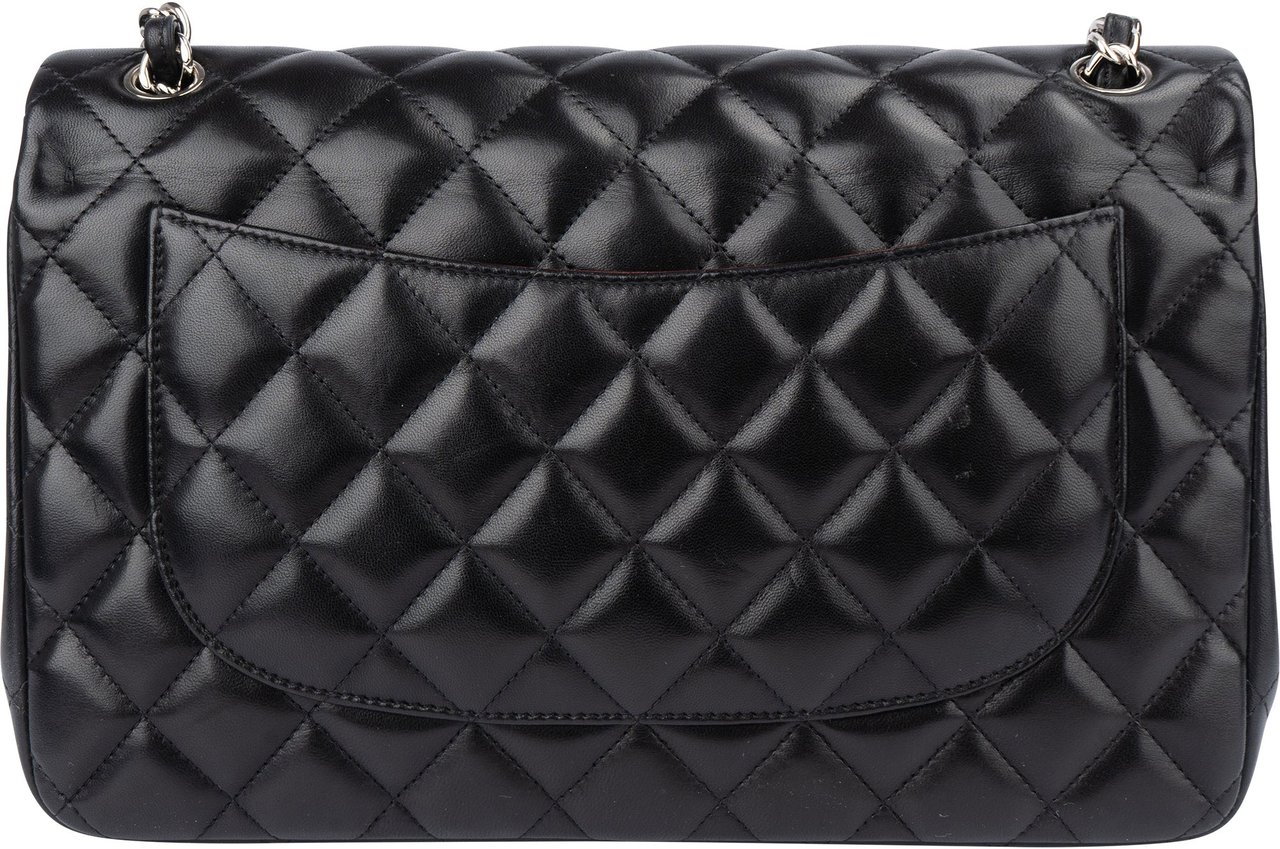 Chanel Chanel Quilted Lambskin Palladium Jumbo Double Flap Crossbody Bag Zwart