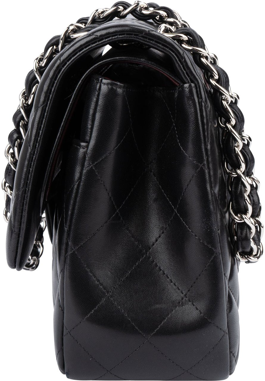 Chanel Chanel Quilted Lambskin Palladium Jumbo Double Flap Crossbody Bag Zwart