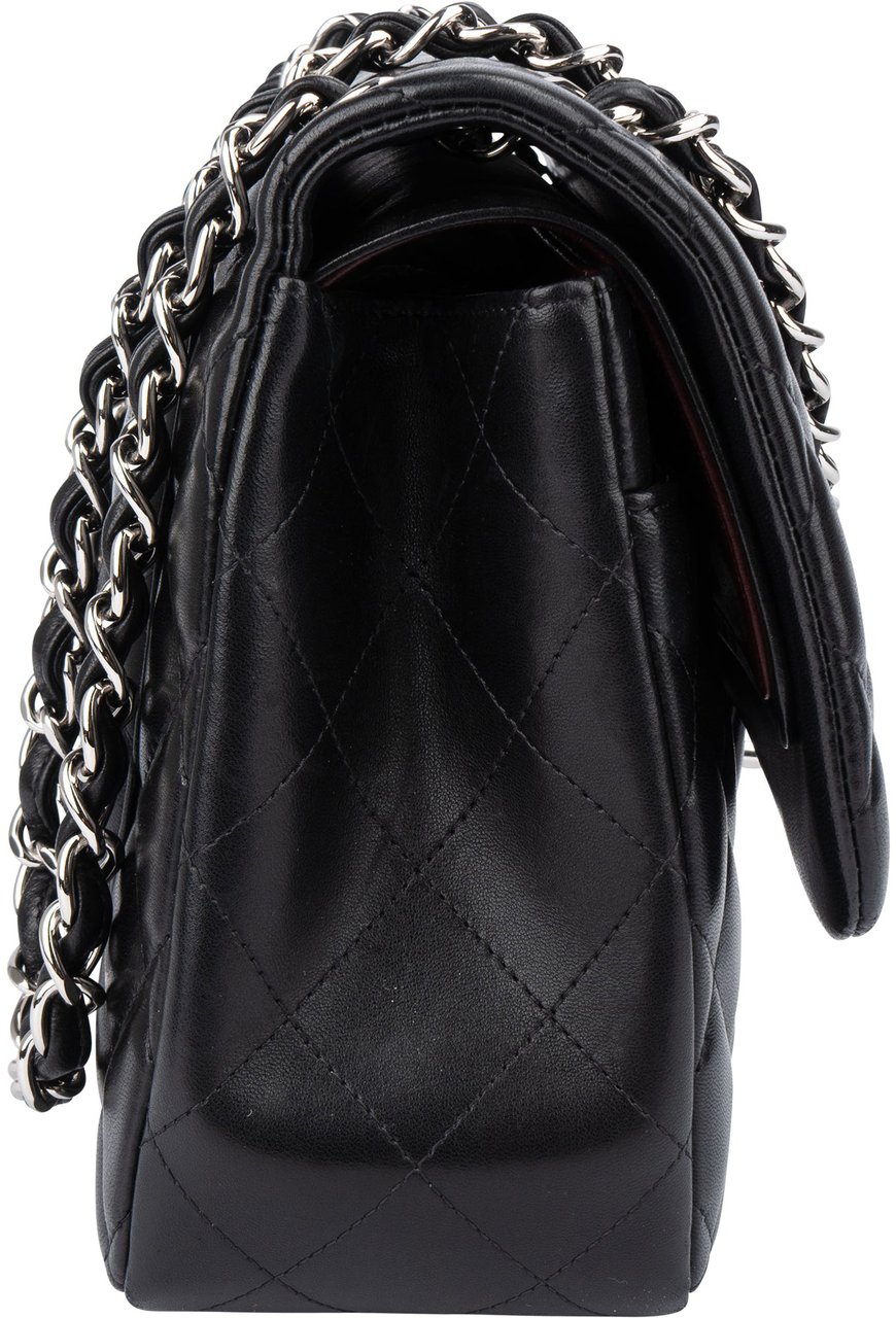 Chanel Chanel Quilted Lambskin Palladium Jumbo Double Flap Crossbody Bag Zwart
