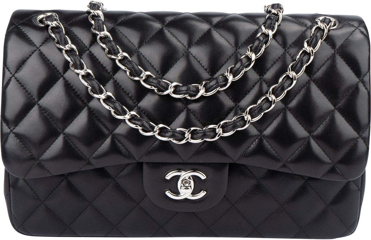 Chanel Chanel Quilted Lambskin Palladium Jumbo Double Flap Crossbody Bag Zwart