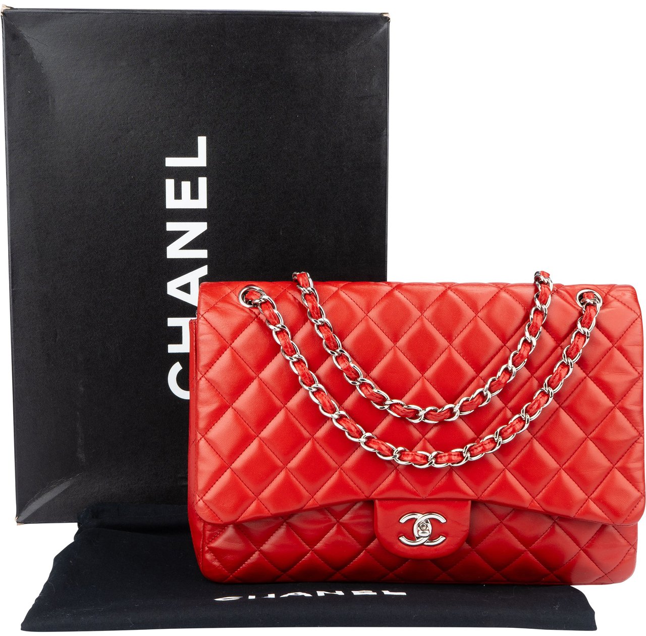 Chanel Quilted Lambskin Palladium Maxi Single Flap Crossbody Bag Rood