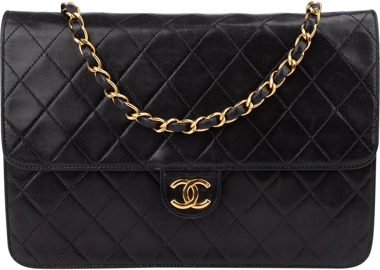 Chanel Chanel Quilted Lambskin 24K Gold Single Flap Shoulder Bag Zwart