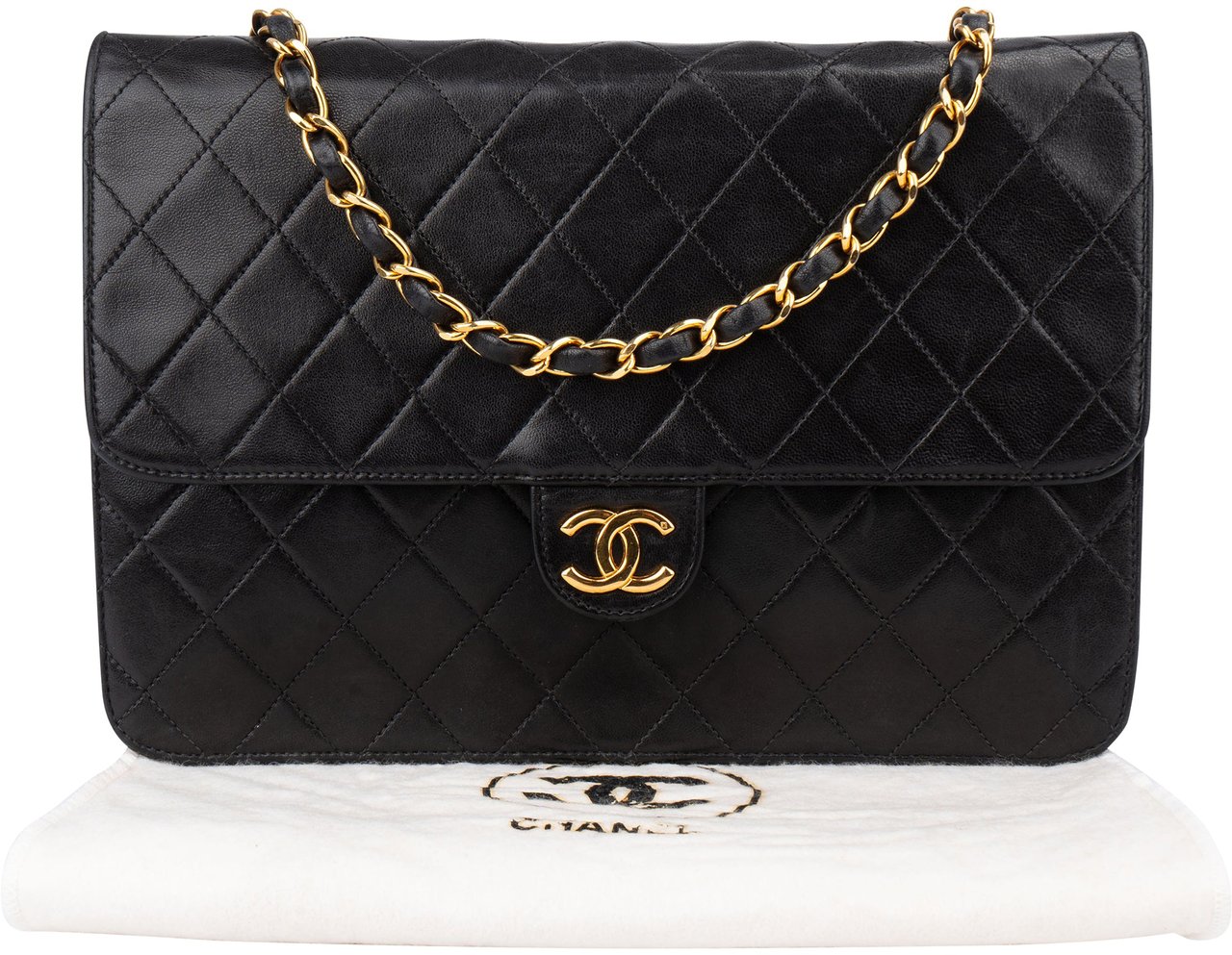 Chanel Chanel Quilted Lambskin 24K Gold Single Flap Shoulder Bag Zwart