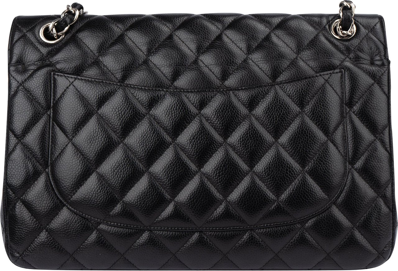 Chanel Chanel Quilted Caviar Leather Palladium Jumbo Double Flap Crossbody Bag Zwart
