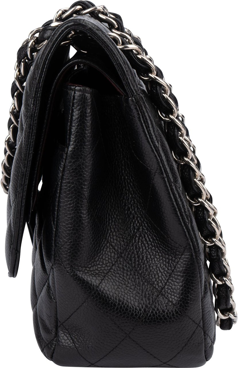 Chanel Chanel Quilted Caviar Leather Palladium Jumbo Double Flap Crossbody Bag Zwart