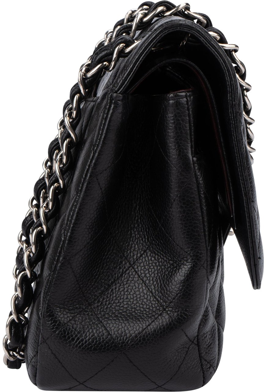 Chanel Chanel Quilted Caviar Leather Palladium Jumbo Double Flap Crossbody Bag Zwart