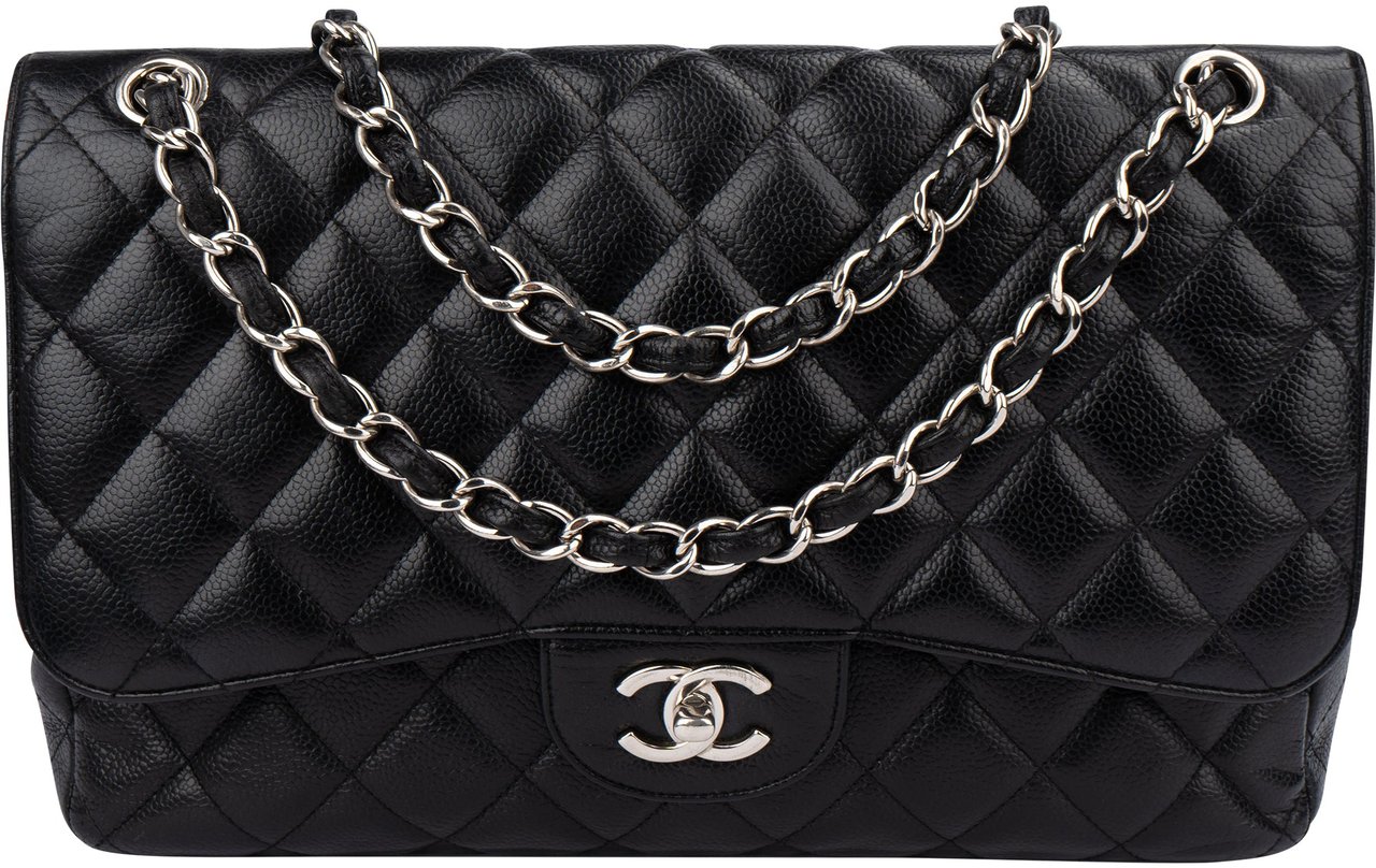 Chanel Chanel Quilted Caviar Leather Palladium Jumbo Double Flap Crossbody Bag Zwart