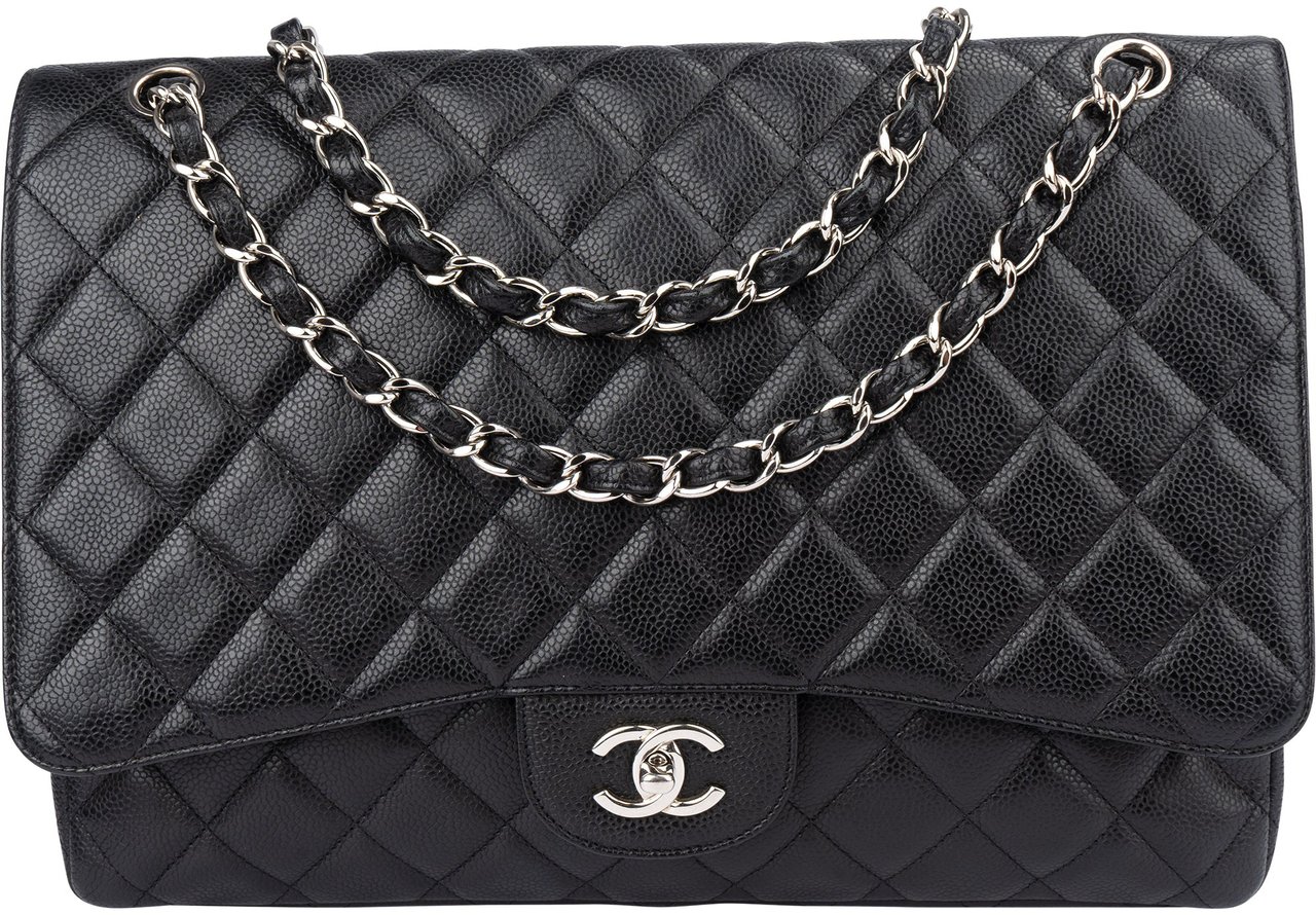Chanel Chanel Quilted Caviar Leather Palladium Maxi Single Flap Crossbody Bag Zwart