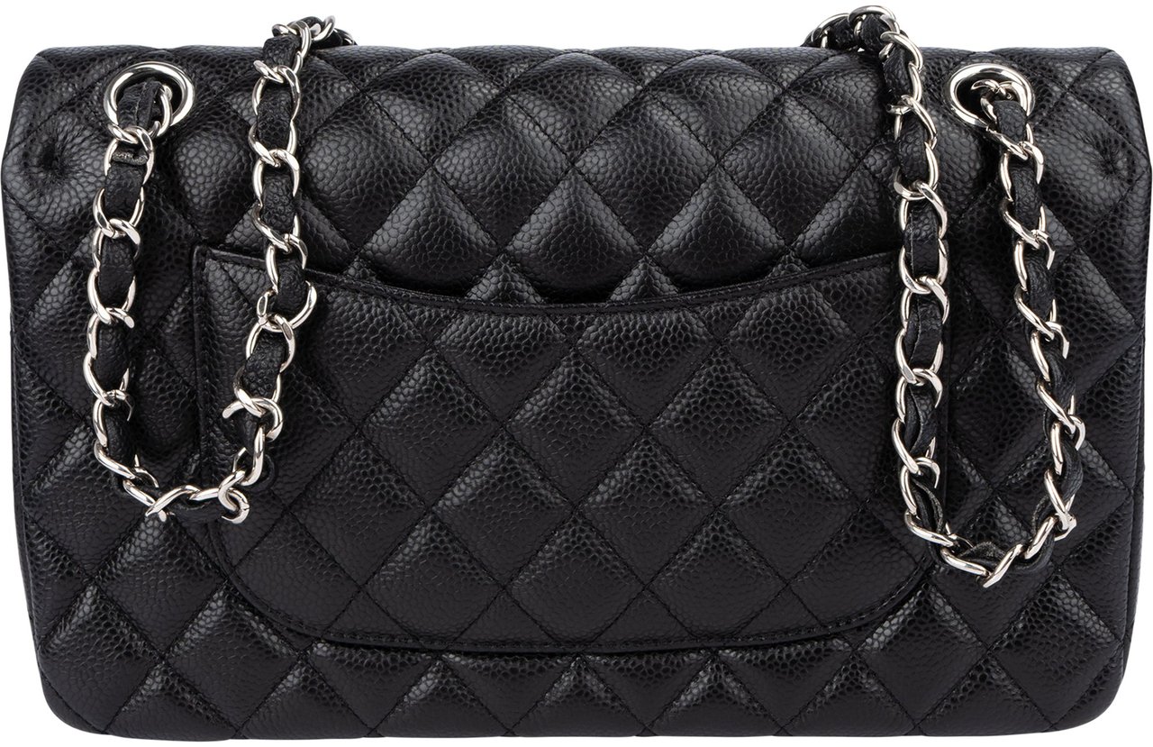 Chanel Chanel Quilted Caviar Leather Palladium Medium Double Flap Shoulder Bag Zwart