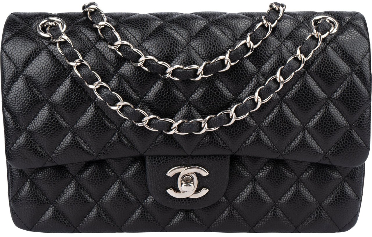 Chanel Chanel Quilted Caviar Leather Palladium Medium Double Flap Shoulder Bag Zwart