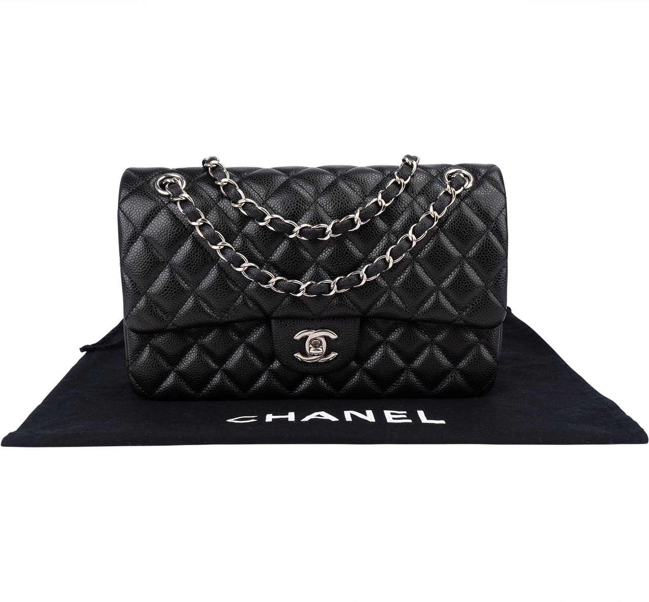 Chanel Chanel Quilted Caviar Leather Palladium Medium Double Flap Shoulder Bag Zwart