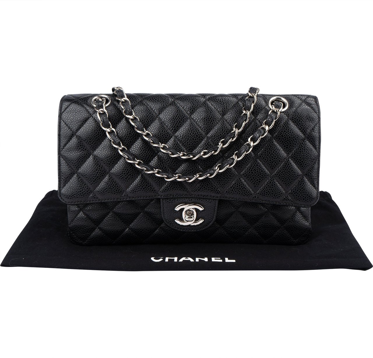 Chanel Chanel Quilted Caviar Leather Palladium Medium Double Flap Crossbody Bag Zwart