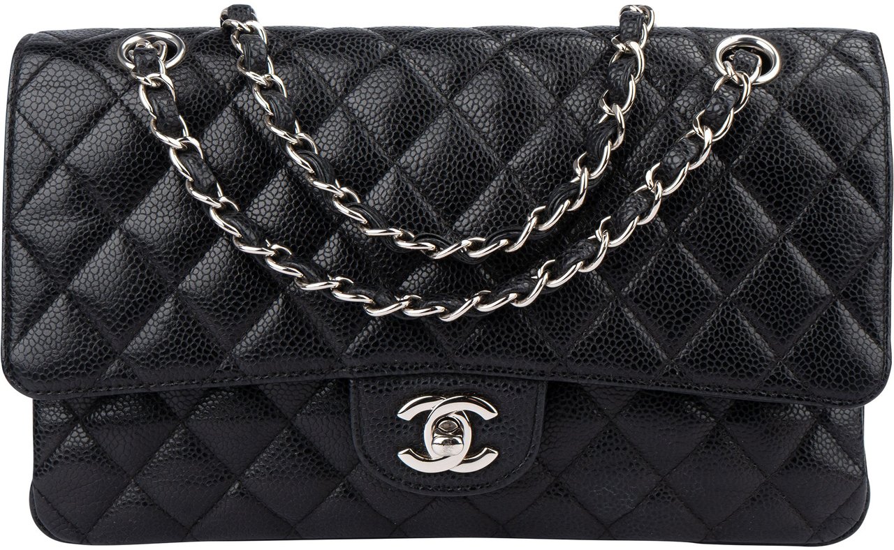 Chanel Chanel Quilted Caviar Leather Palladium Medium Double Flap Crossbody Bag Zwart