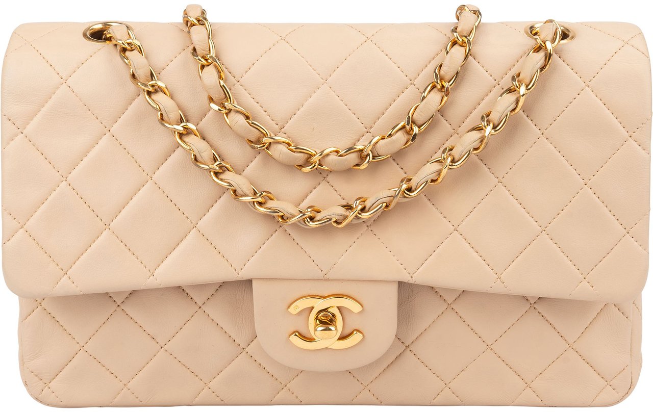 Chanel Chanel Quilted Lambskin 24K Gold Medium Double Flap Crossbody Bag Beige