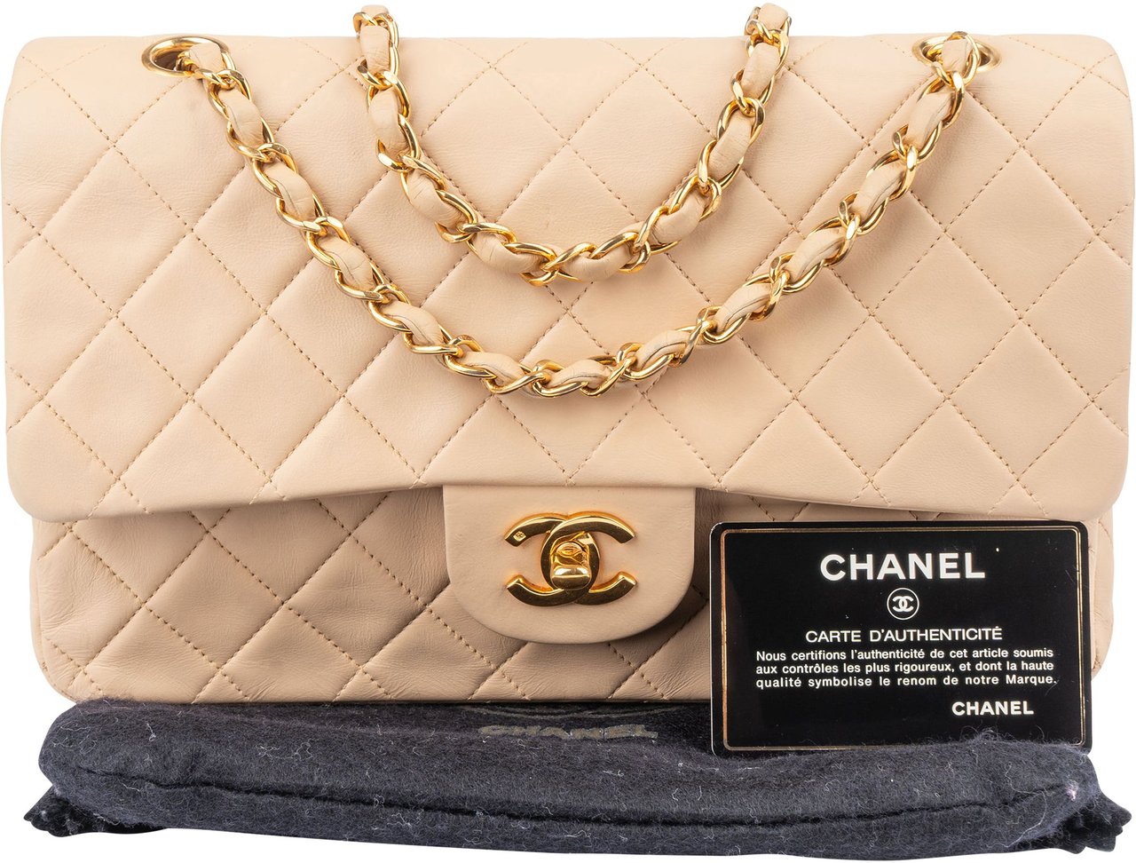 Chanel Chanel Quilted Lambskin 24K Gold Medium Double Flap Crossbody Bag Beige