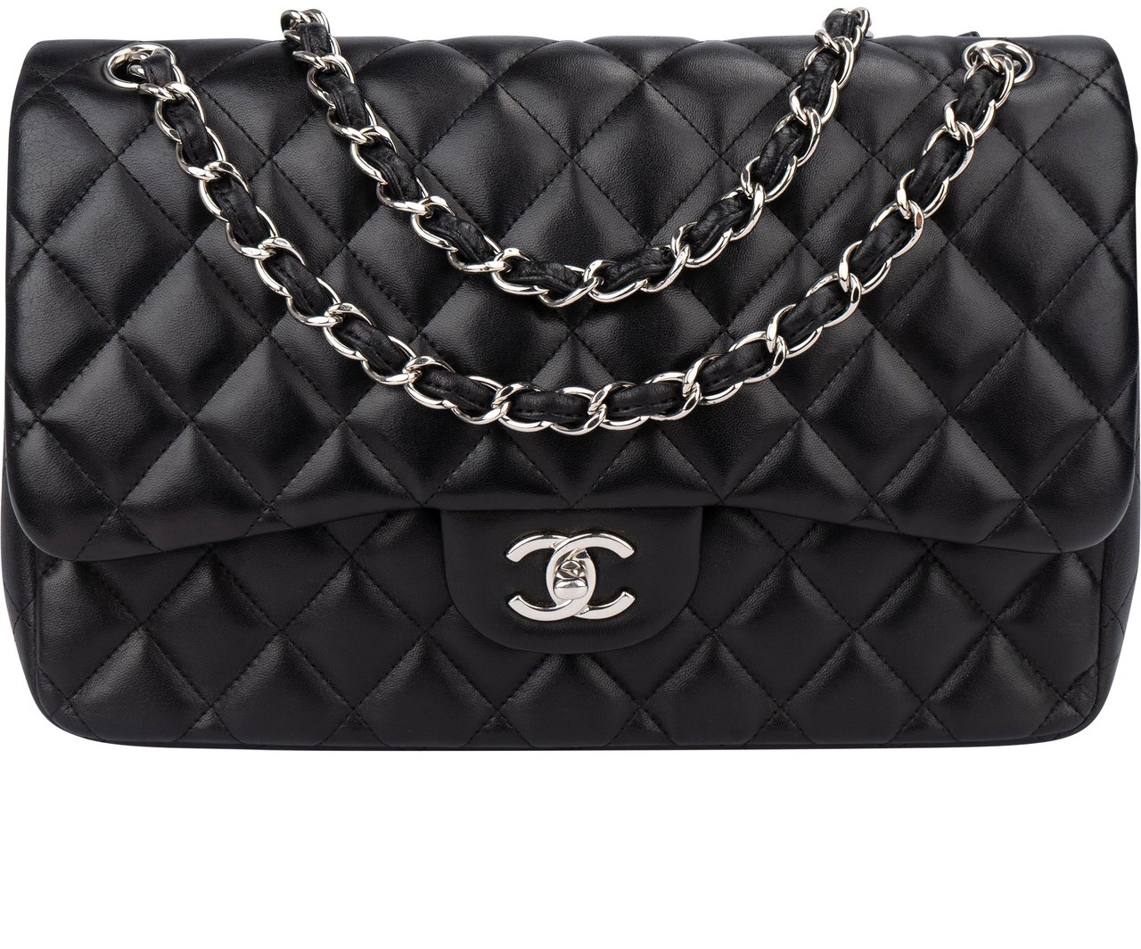 Chanel Chanel Quilted Lambskin Palladium Jumbo Double Flap Crossbody Bag Zwart