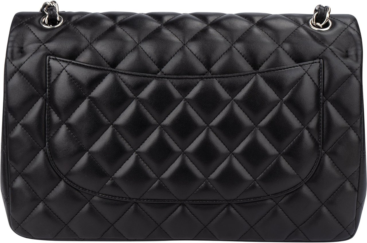Chanel Chanel Quilted Lambskin Palladium Jumbo Double Flap Crossbody Bag Zwart
