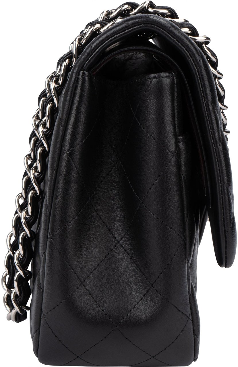 Chanel Chanel Quilted Lambskin Palladium Jumbo Double Flap Crossbody Bag Zwart