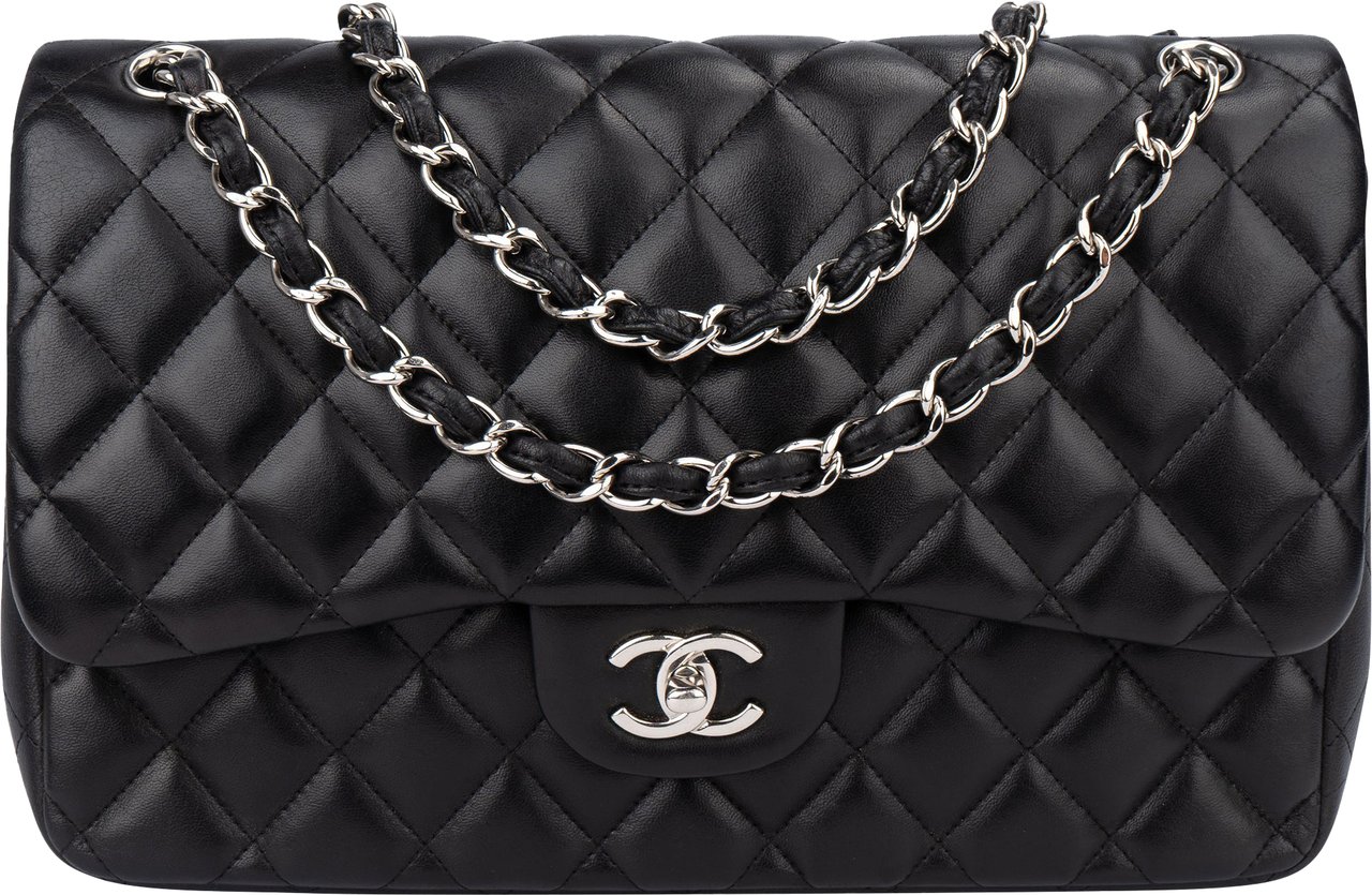 Chanel Chanel Quilted Lambskin Palladium Jumbo Double Flap Crossbody Bag Zwart