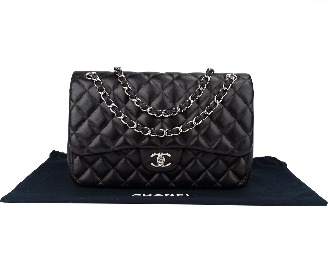 Chanel Chanel Quilted Lambskin Palladium Jumbo Double Flap Crossbody Bag Zwart