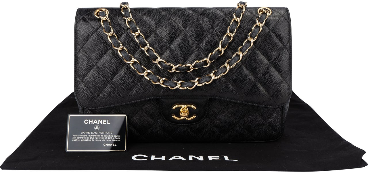 Chanel Chanel Quilted Caviar Leather Jumbo Double Flap Crossbody Bag Zwart