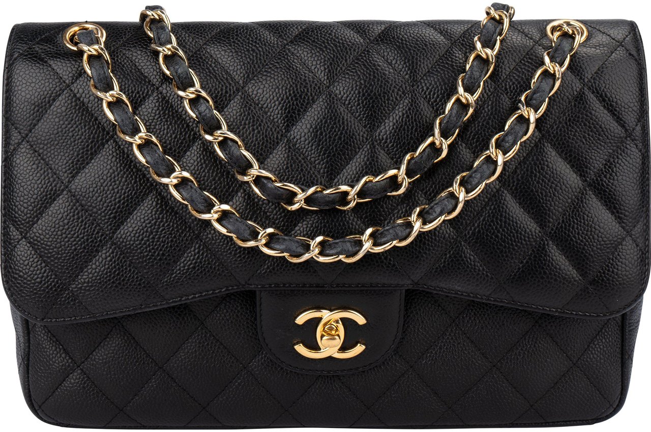 Chanel Chanel Quilted Caviar Leather Jumbo Double Flap Crossbody Bag Zwart