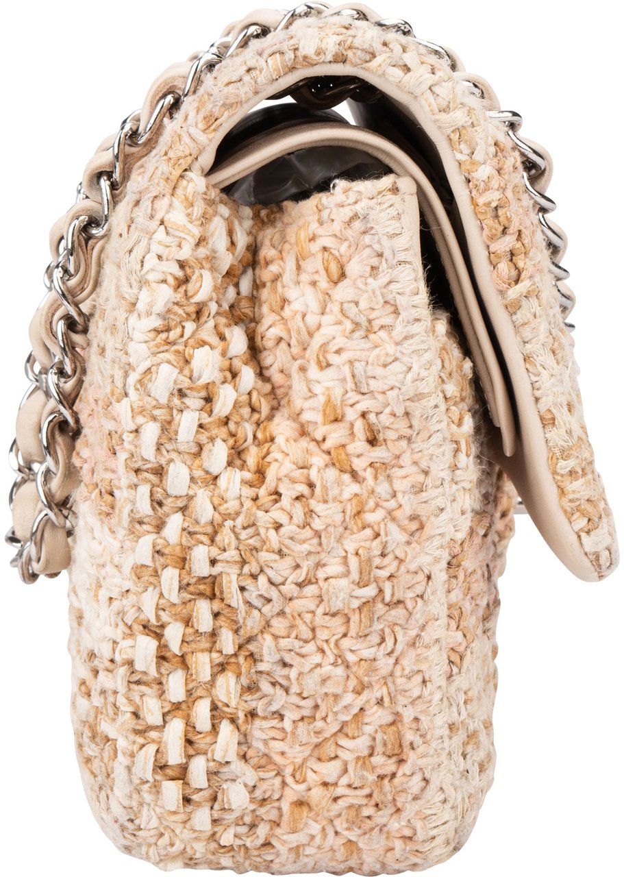 Chanel Chanel Quilted Tweed Palladium Medium Double Flap Crossbody Bag Beige