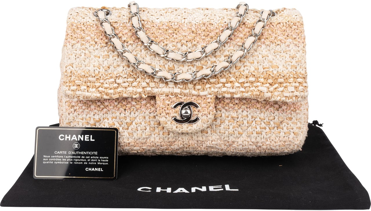 Chanel Chanel Quilted Tweed Palladium Medium Double Flap Crossbody Bag Beige