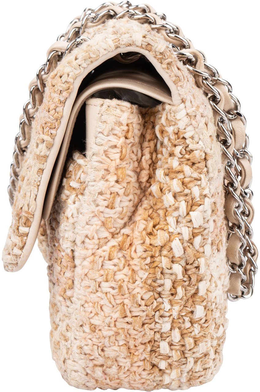Chanel Chanel Quilted Tweed Palladium Medium Double Flap Crossbody Bag Beige
