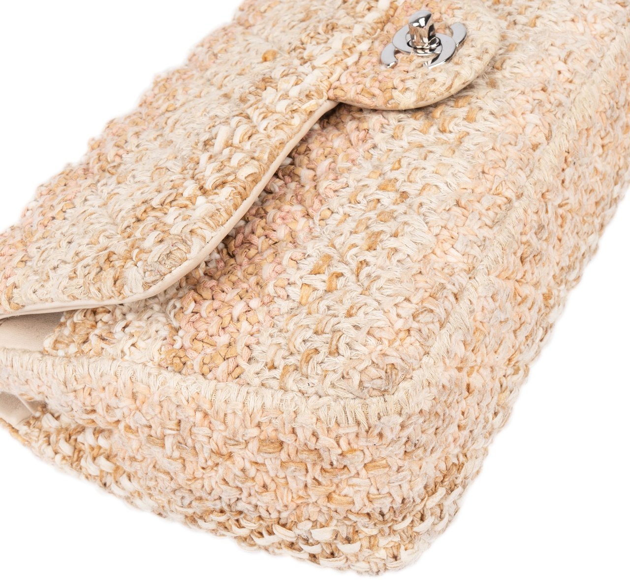 Chanel Chanel Quilted Tweed Palladium Medium Double Flap Crossbody Bag Beige