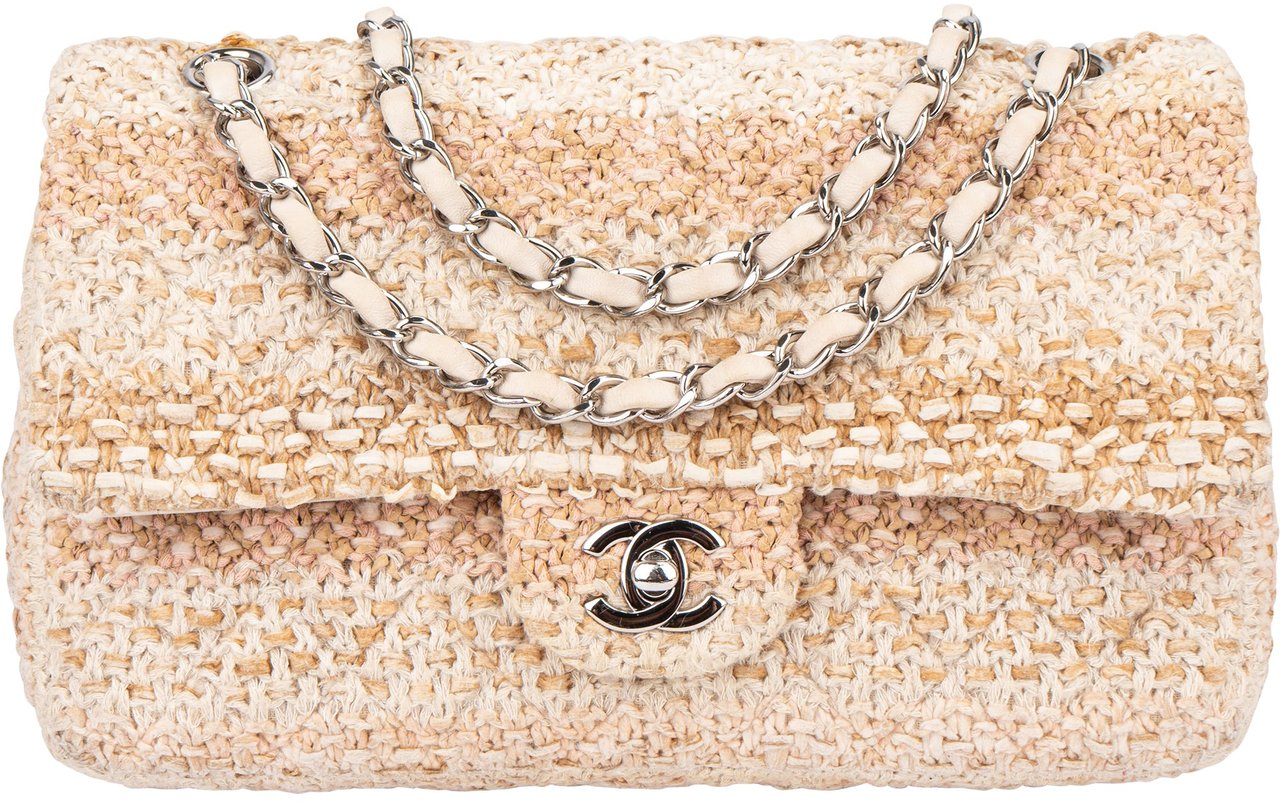 Chanel Chanel Quilted Tweed Palladium Medium Double Flap Crossbody Bag Beige