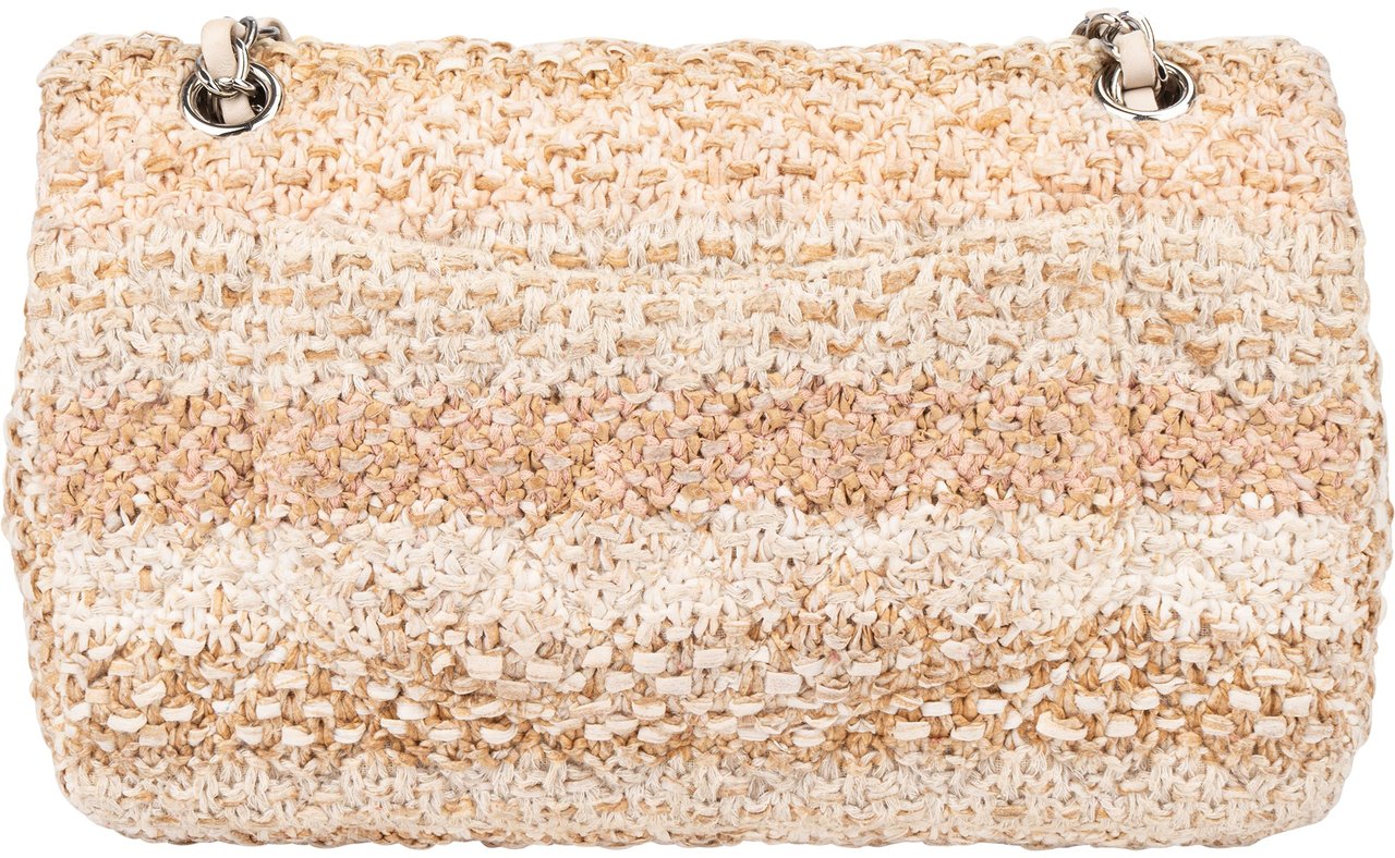 Chanel Chanel Quilted Tweed Palladium Medium Double Flap Crossbody Bag Beige
