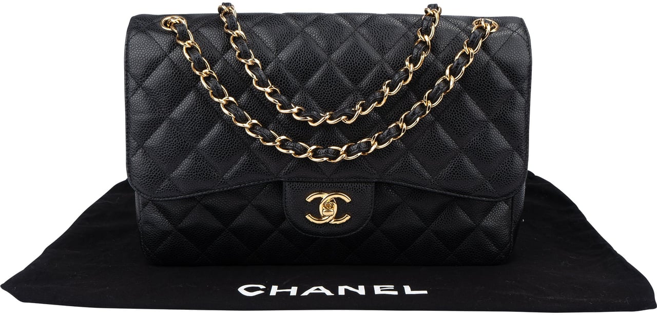 Chanel Chanel Quilted Caviar Jumbo Double Flap Crossbody Bag Zwart