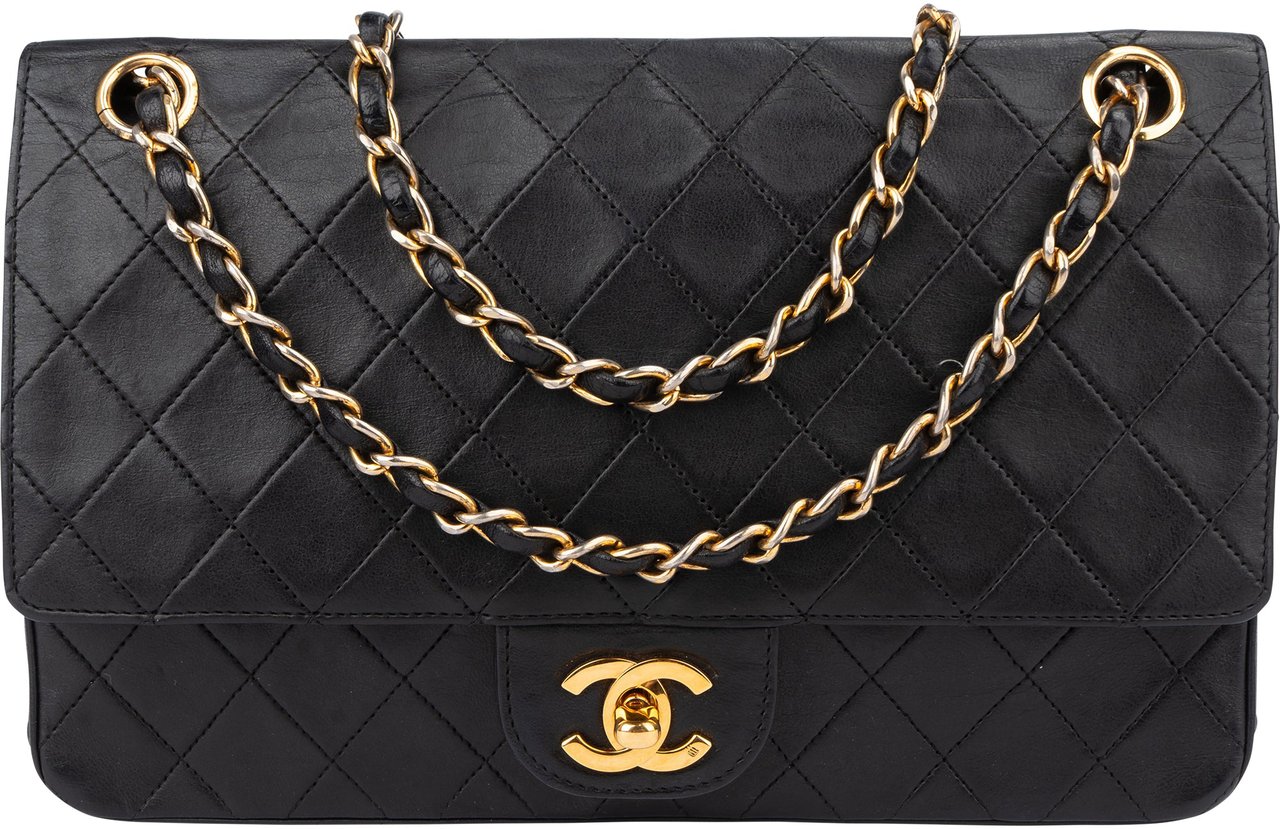 Chanel Chanel Quilted Lambskin 24K Gold Double Flap Shoulder Bag Zwart