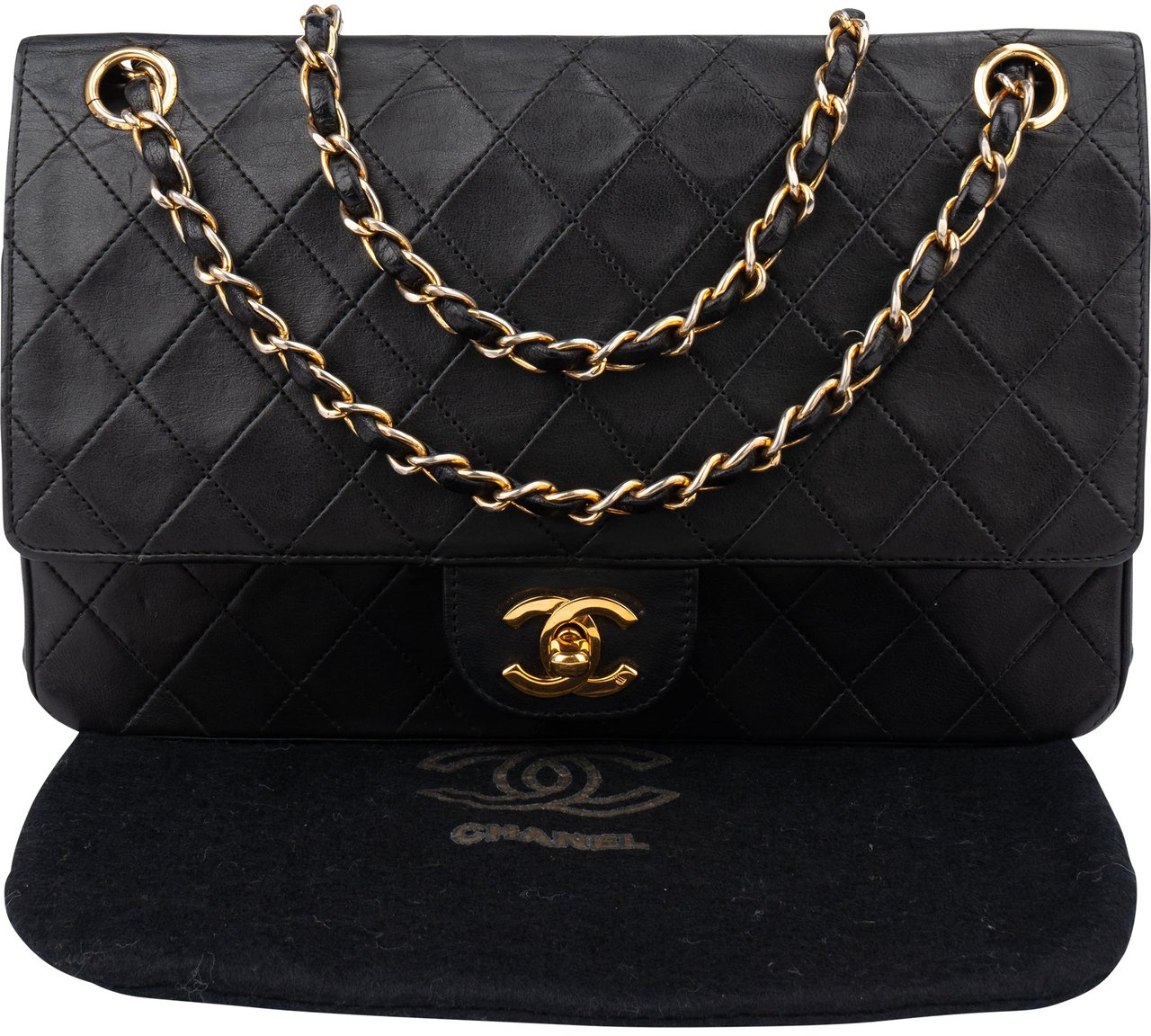 Chanel Chanel Quilted Lambskin 24K Gold Double Flap Shoulder Bag Zwart