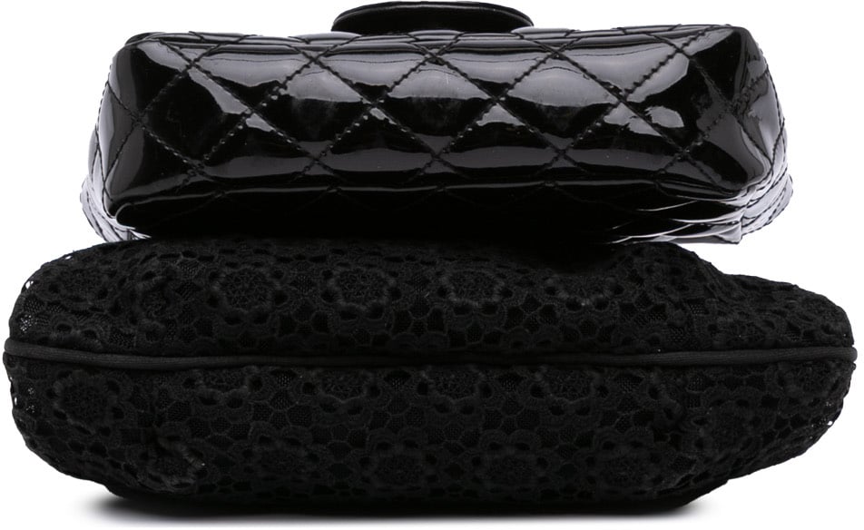 Chanel Mini Patent Lace Kiss Lock Flap Double Bag Zwart