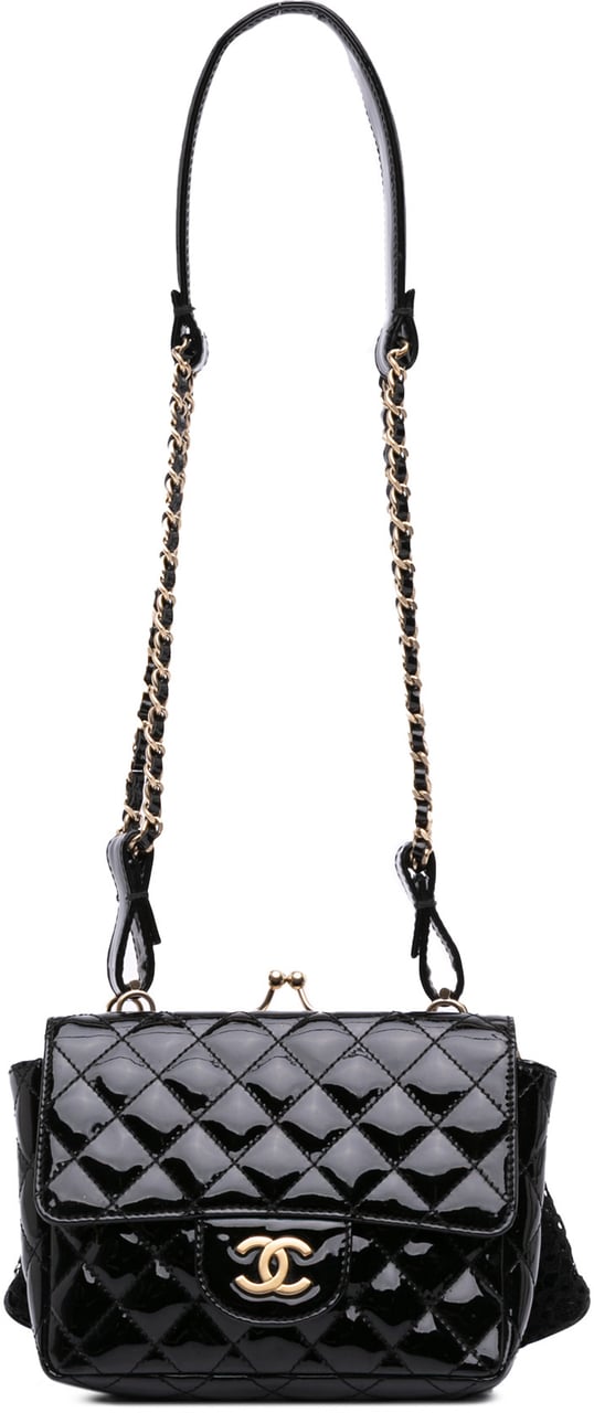 Chanel Mini Patent Lace Kiss Lock Flap Double Bag Zwart