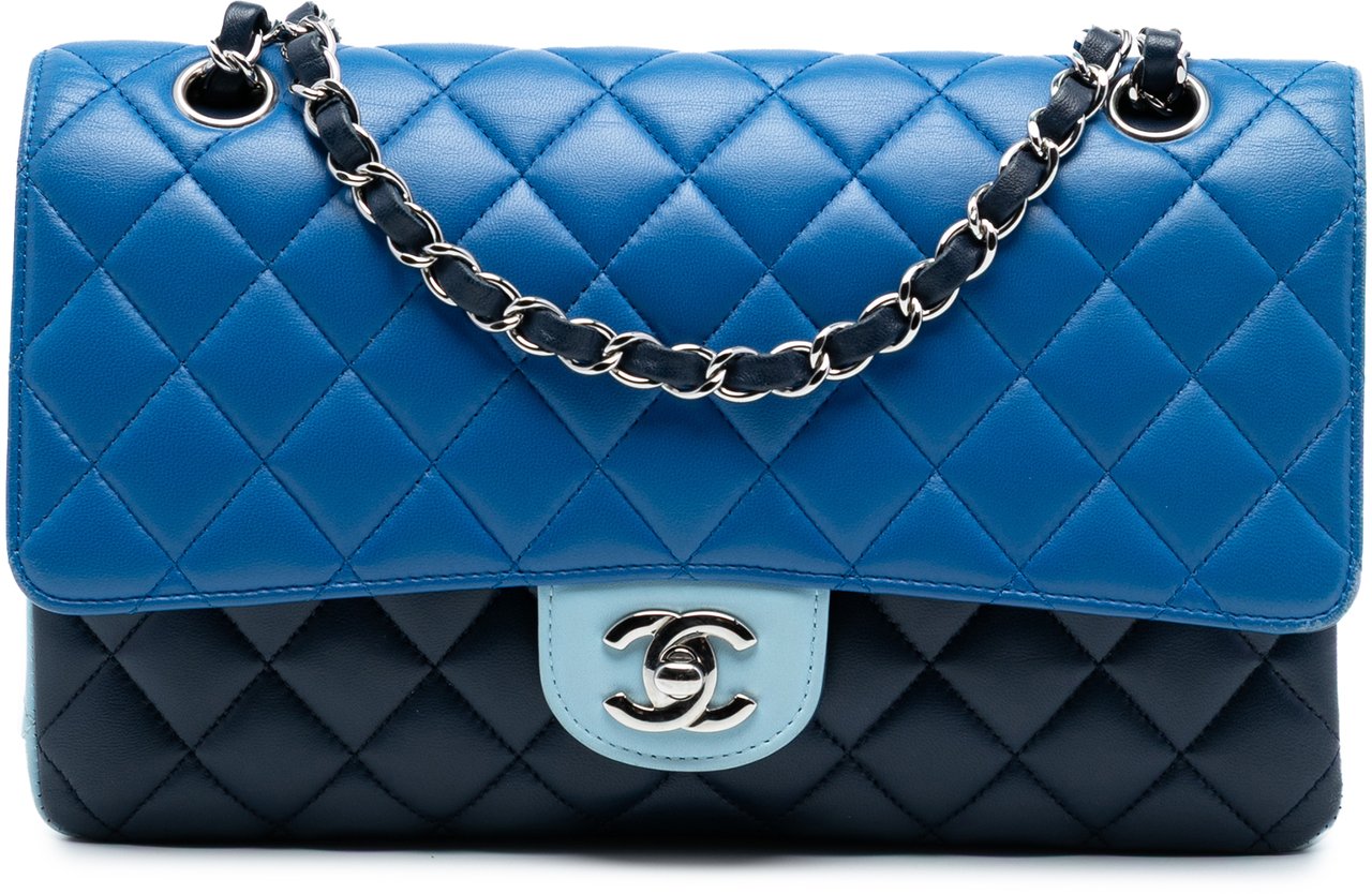 Chanel Medium Classic Tricolor Lambskin Double Flap Blauw