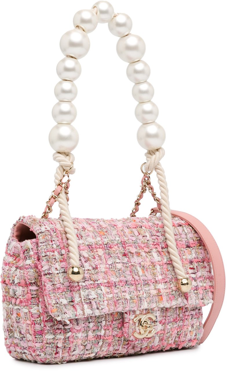 Chanel Medium Tweed Large Pearl Handle Flap Roze