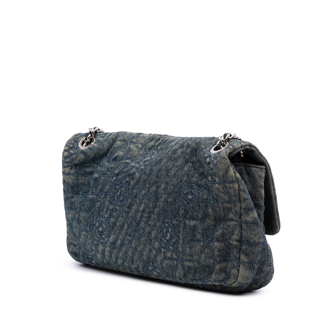 Chanel Large Embroidered Denim Camellia Flap Blauw