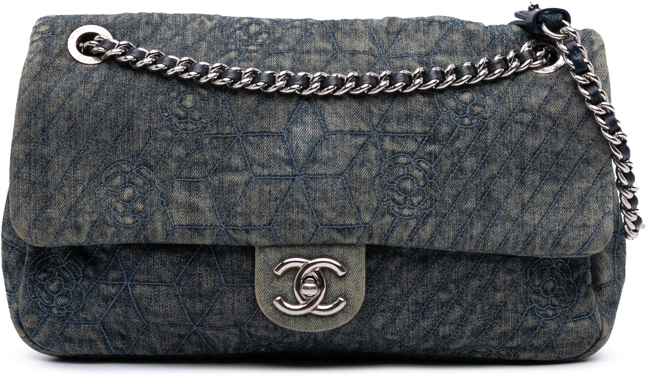 Chanel Large Embroidered Denim Camellia Flap Blauw