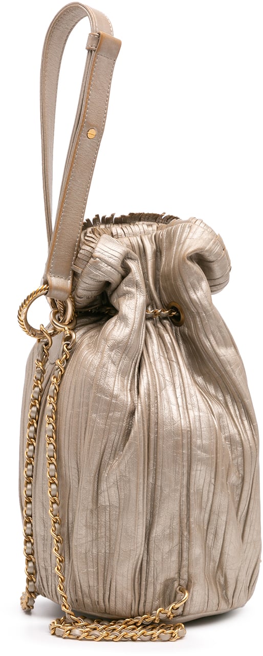 Chanel Small Metallic Calfskin Coco Pleats Drawstring Backpack Goud