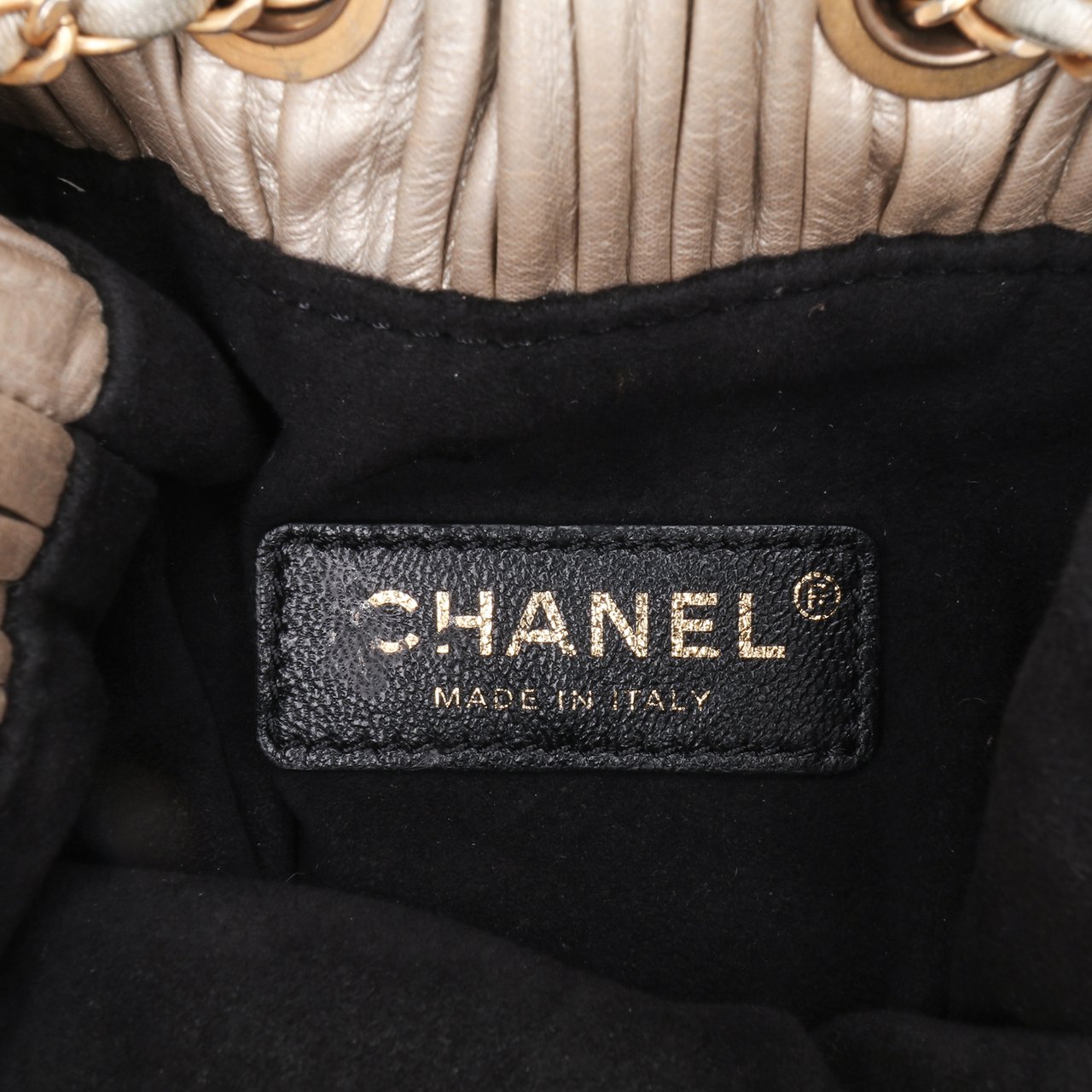 Chanel Small Metallic Calfskin Coco Pleats Drawstring Backpack Goud